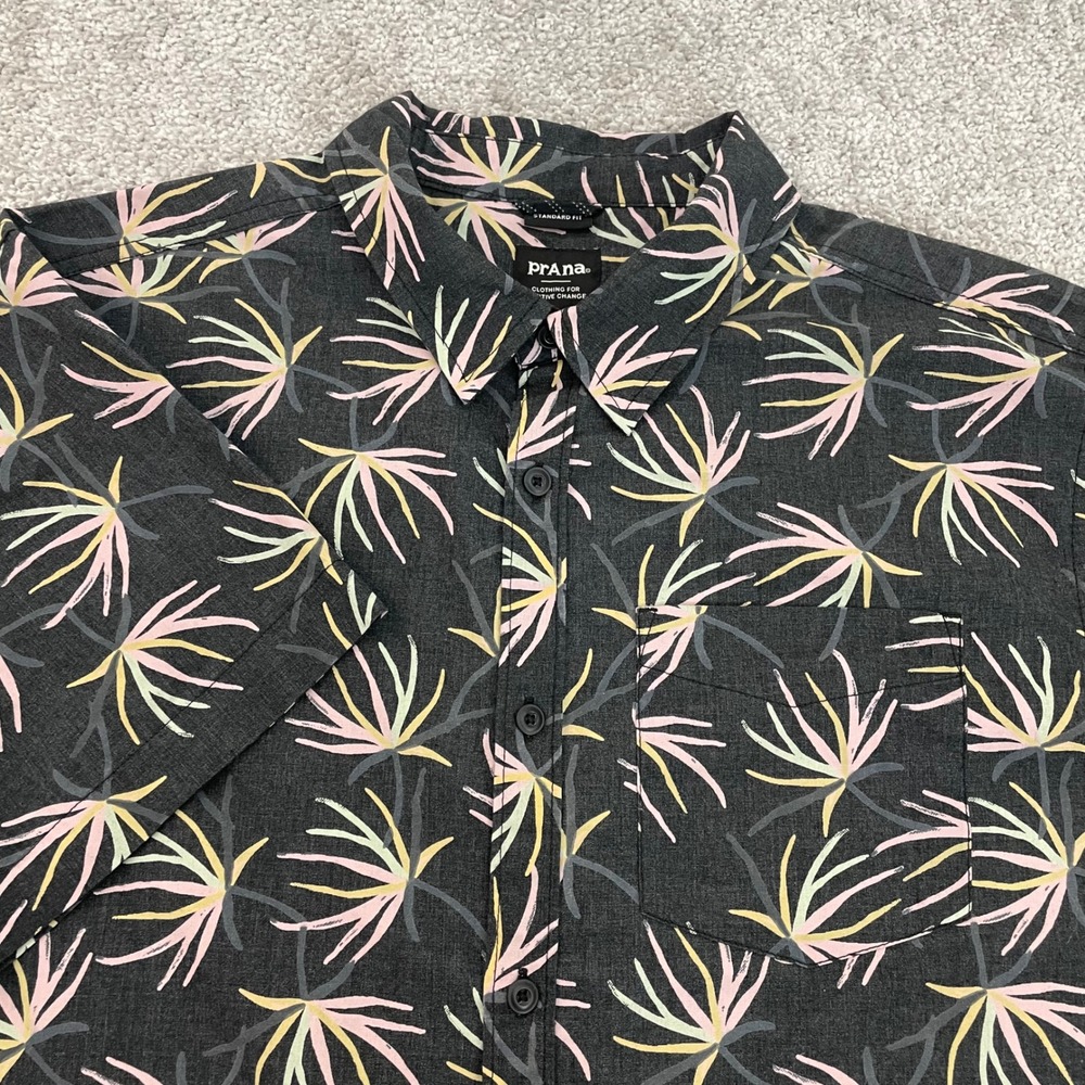 Prana Button Up Shirt Mens Medium Stimmersee Tropical Palm Organic Cotton Blend